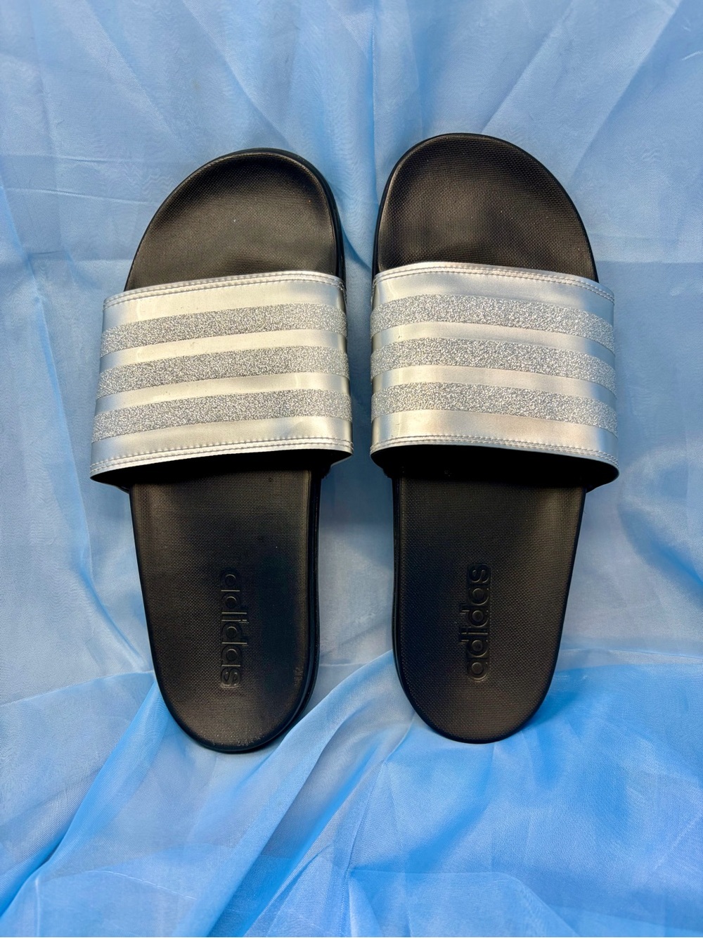adidas Black Sandals with Silver Striped Strap